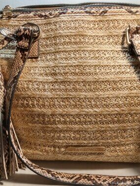 Steve Madden Crossbody Natural Tan Woven Straw Tote Bag Snakeskin Trim ~ New